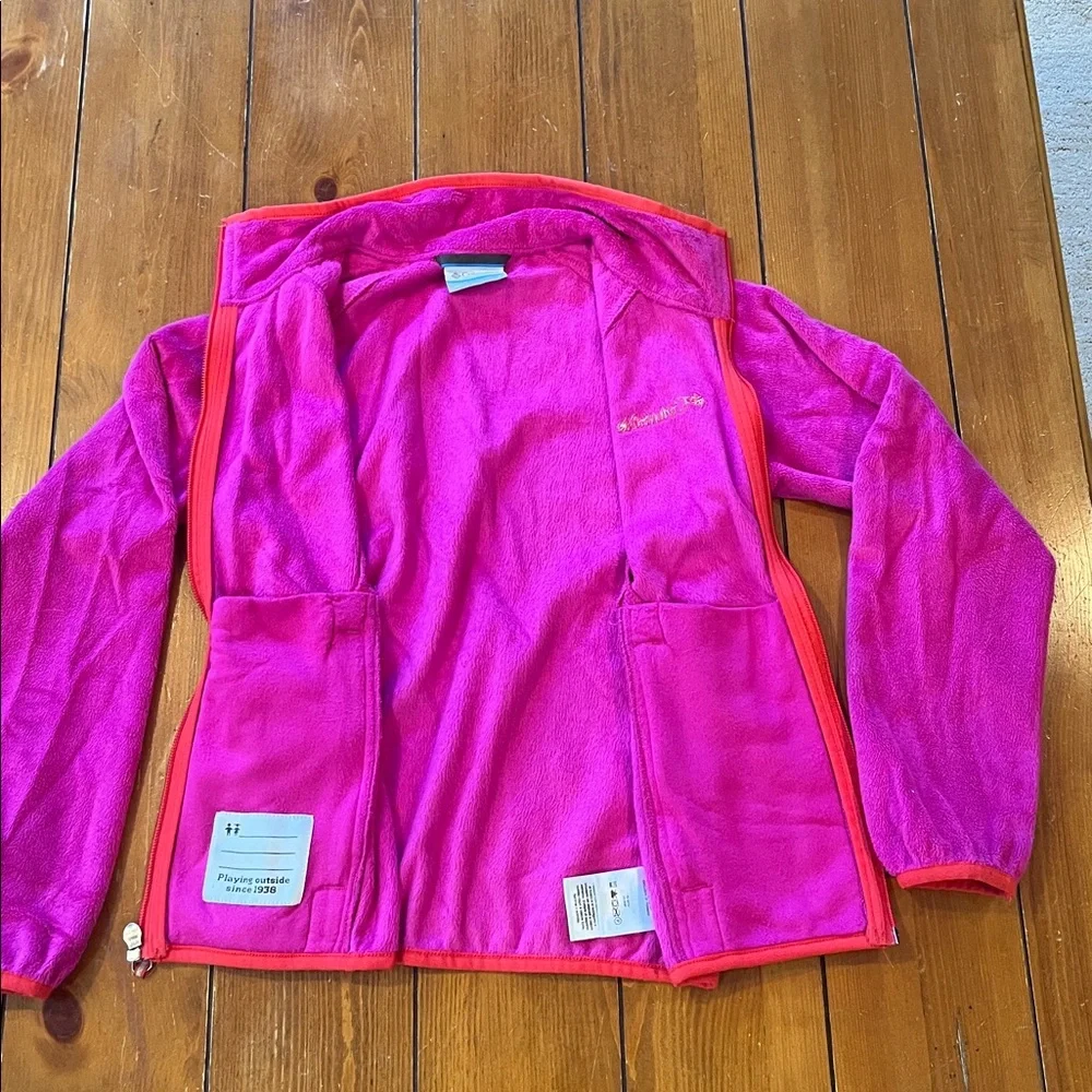 Columbia Full Zipper Fleece Jacket Pink w/Orange Trim Girls Size S EUC